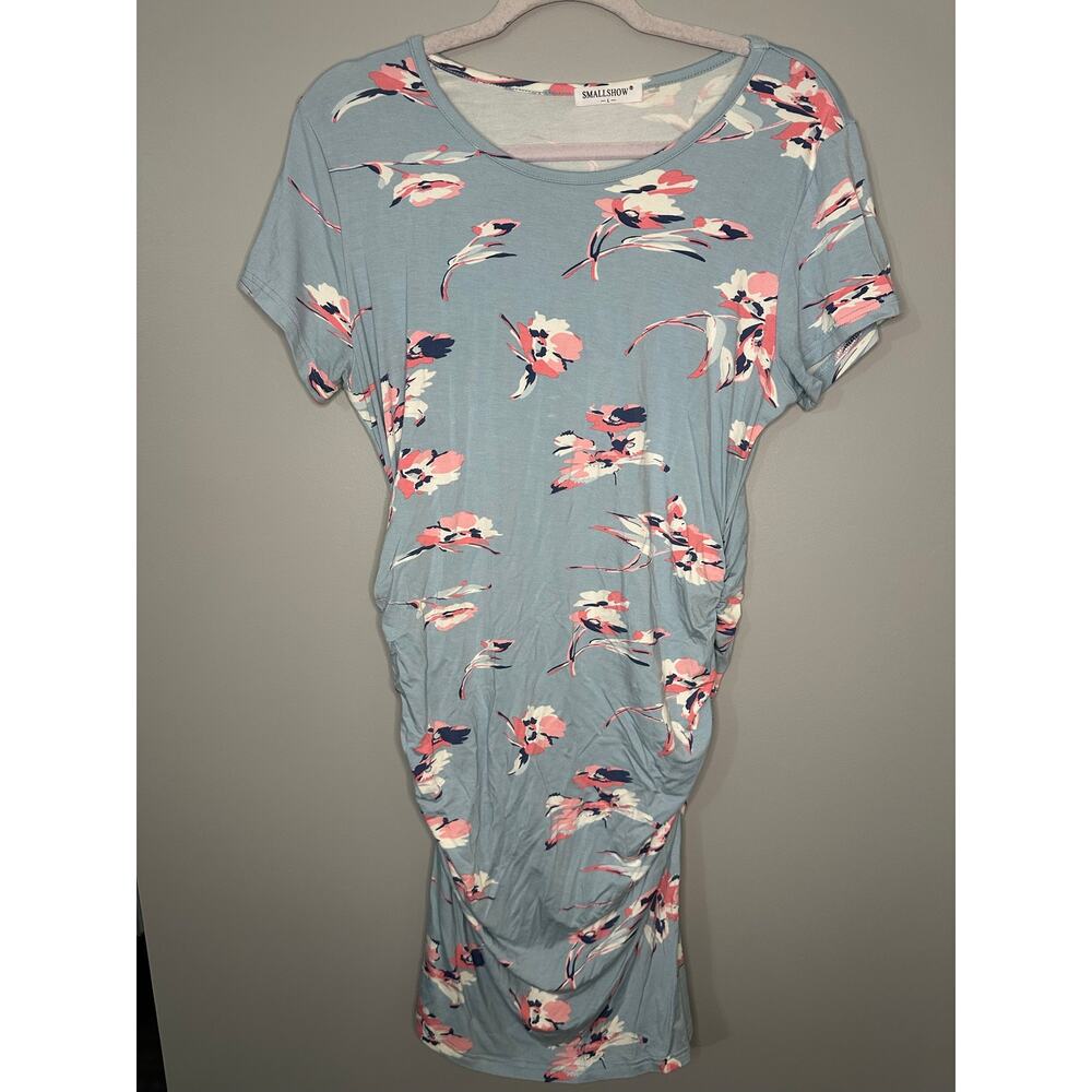 Smallshow Maternity Midi Dress Light Blue Pink Floral Accents Stretch Large